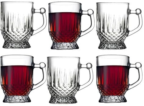 C&S Homestore 6 x Istanbul Vintage Diamond-Pattern Glass Mugs 170ml/5.5oz Tea Coffee Mug with Handle