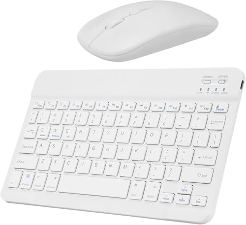 Clavier et Souris Bluetooth sans Fil, Clavier Silencieux Rechargeable, Ultra Mince et Portable,Bluetooth 5.0，Adapté à pour Tablette iPad/PC/iOS/Android/Windows, QWERTY Design ﻿ (White)