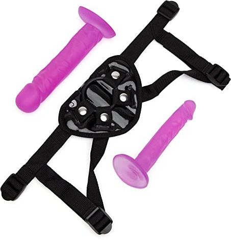 Lovehoney Strap on Dildo Harness Kit with 2 Dildos for Pegging, Purple | Adult Sex Toy Set with 6 Inch & 8 Inch Dildos with Flared Bases, Includes 3 O-Rings & Adjustable Harness, Waterproof