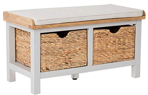 RoselandFurniture Farrow Grey Hallway Storage Bench With Baskets & Oak Seat | Painted Solid Wooden Shoe Storage for Hall or Kitchen | Fully Assembled, 90 x 49 x 42 cm
