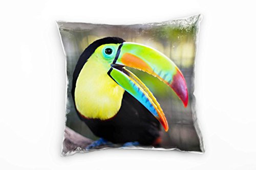 Paul Sinus Art Tiere, Tukan mit offenen Schnabel, bunt Deko Kissen 40x40cm für Couch Sofa Lounge Zierkissen - Dekoration zum Wohlfühlen