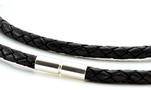 CMJ London Men's 5mm Braided Leather Necklace with Sterling Silver Twist Clasp-Black 22