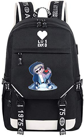 WANHONGYUE Undertale Spiel Cosplay Rucksack Schultasche Laptop Backpack mit USB-Ladeanschluss Schwarz / 24