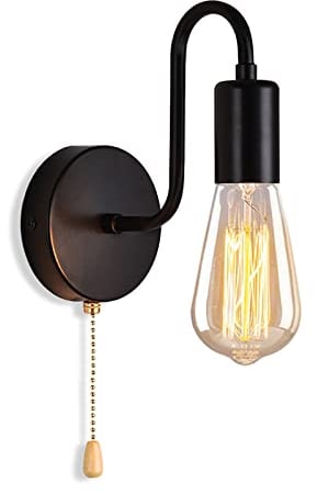 ANKBOY Wandlampe Innen mit Schalter Wandleuchte E27 Lampe mit Zugschalter Retro Schlafzimmer Wandspot Schwarz Industrial Metall Vintage Leselapme Wand für Café Loft Restaurant, Ohne Lichtquelle