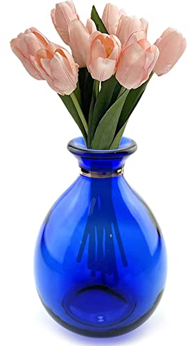Glasvase für Blumen, abgerundete kleine blaue Glasvase für Heimdekoration, Geschenk, Tafelaufsätze, Veranstaltungen (Dunkelblau und Gold)