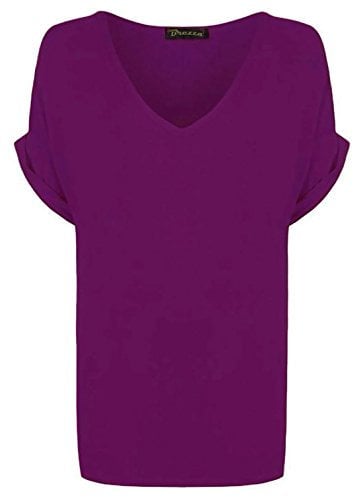 WearAll Women's New Plus Size Womens Short Turn Up Sleeve Baggy Plain Top Ladies V-Neck T-Shirt Purple 20-22