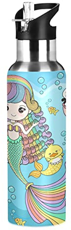 Maiale Gatto Sirena Arcobaleno Borraccia Termica con Cannuccia Sportiva, Bottiglia Acqua in Acciaio Inox Isolato 600ML Senza BPA per Bevande Calde e Fredde per Bambini Scuola