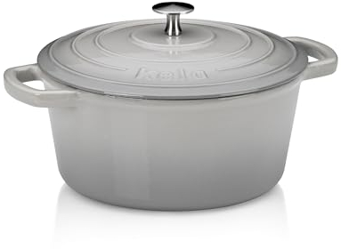 asador kela de hierro fundido redondo 3,8 litros, Dutch Oven CALIDO, asador de inducción de hierro fundido con tapa, olla de hierro fundido para hornear pan, esmaltada, gris claro