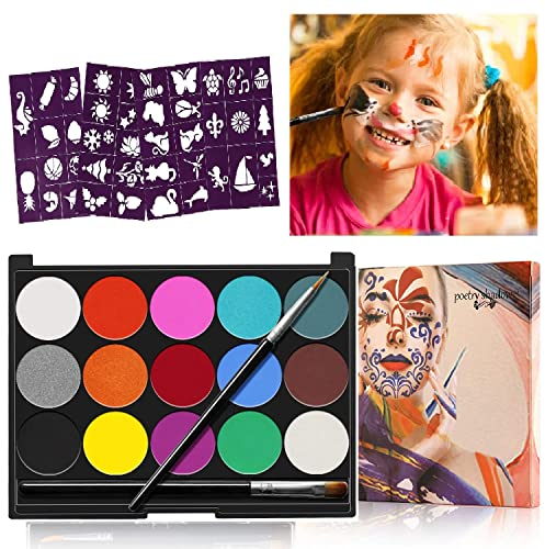 KARLOR Gesichtsfarbe,15 Farben Kinderschminke Set 2 Pinsel ungiftig wasserlöslich Schminkfarbe Face Body Painting Set für Erwachsene Kinder Makeup Halloween Karneval Fasching Cosplay