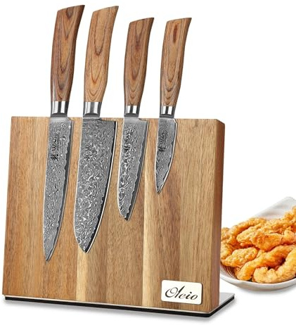 Wakoli EDIB Pro Küchenmesser Set, 4 Damastmesser & magnetischer Messerblock | 2 Santokumesser, Fleisch- & Officemesser; 67 Lagen Damaststahl mit VG10-Kern, Pakkaholzgriffe, Akazienblock mit Edelstahlfuß.