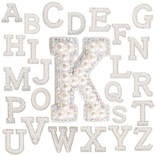 26 Stücks Buchstaben Zum Aufbügeln A-Z Weiße Perle Strass Aufnäher Buchstaben Aufnäher,Patches Zum Aufbügeln Set, Bügelflicken Mit Strass Nähen Für DIY-Kleidung, Stoff, Schuhe,Weihnachtsdekoration