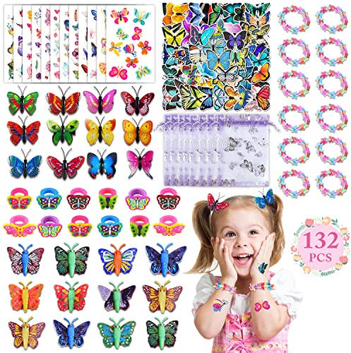 Leesgel Schmetterling Party Mitgebsel, 132 Stück Partyzubehör für Kinder Mädchen Schmetterling Party Deko Geburtstags Geschenke – Schmetterling Tattoo Aufkleber Haarspangen Armband Ringe Schmetterling