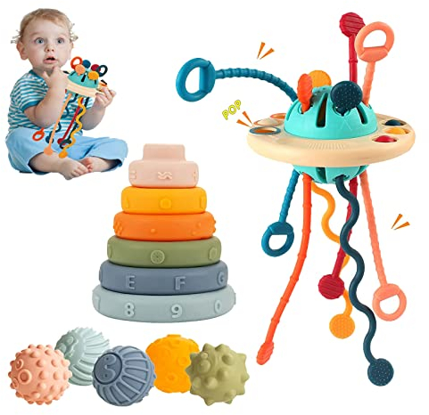Jokooan Montessori Toys 3 in 1, Baby Toys STEM Multi-Sensory Educational Game for Babies 1 2 3 Years, Silicone Pull Rope + Assorted Shapes Stacking Toys + Silicone Balls