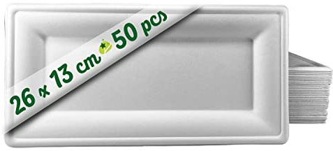 50 Bandejas Desechables rectangulares de Papel de caña de azúcar de 26 x 13 cm. Vajilla desechable Biodegradable extrafuerte de Color Blanco. Bandejas para Fiestas y desayunos.