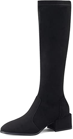 Bviennic Donna Knee Stivali Stretch Senza Chiusura Moda Inverno Scarpe Block Tacco Medio Stivali Equitazione Casuale Nero/D Numero 38 EU-39Cn