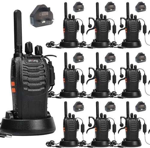 Walkie Talkie PMR446 License-free Two Way Radio, pofung PT88E 16 Channels Professional Rechargeable Long Range Walkie Talkies with Charger Base and Earpieces (Black, 10 Pack)
