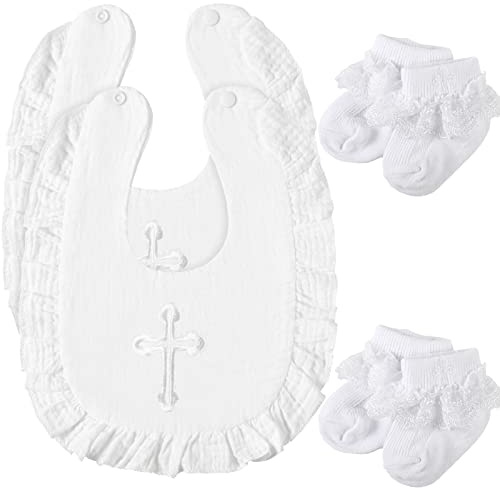 Lasnten 4 Pcs Baptism Outfit Gifts for Boys Girls, Baby Baptism Bib Socks