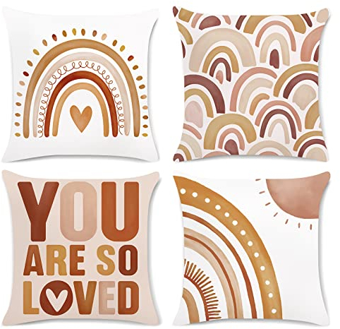 Bonhause 4er Set Kissenbezüge Boho Regenbogen 45 x 45 cm Herz Inspirierendes Zitat Samt Soft Dekorative Kissenhülle Zierkissenbezüge für Mädchen Kinder Kindergarten Zuhause Dekoration