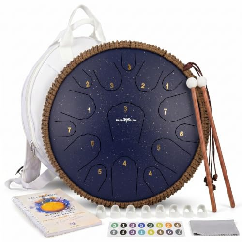 The Balmy Drum - 15 Note 14 Zoll Steel Tongue Drum, Steel Drum Instrument, Drums For Adults, Balmy Drum Set for Kids with Music Book, Handpan Drum, Mallet and Carry Bag - Tongue Drum (Blue)