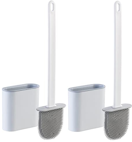 BadeStern WC Bürste Silikon: 2er-Set WC-Silikonbürsten mit atmungsaktivem Bürstenhalter, weiß/grau (WC Garnitur, Toiletten-Bürste, Wandhalterung)