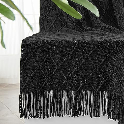 inhand Gestrickte Überwurfdecken für Couch und Bett, weiche, gemütliche Strickdecke mit Quaste, schwarz, leicht, dekorative Decken und Überwürfe, Bauernhaus-warme gewebte Decke für Männer und Frauen,