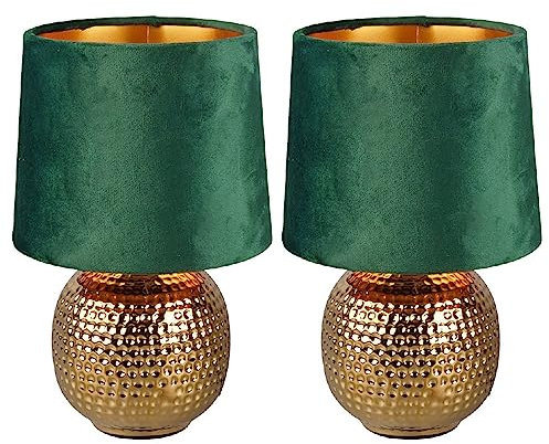 Britalia 2 Pack - Gold Ceramic Vintage Hammered Globe Table Desk Lamp with Green Velvet Shade | 26cm Height | 1 x SES E14 Lamp Bulb Required | UK Approved | Retro Design | Tapered Drum Lampshade