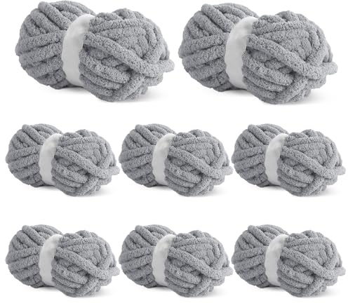 BALAPET 8 Pack Chunky Chenille Yarn for Crocheting & Knitting, 27yds 8 oz Each Skein Soft Fluffy Kitting Yarn Set, Thick Velvet Plush Yarn for Handcrafts Weaving Making Blankets, Light Grey