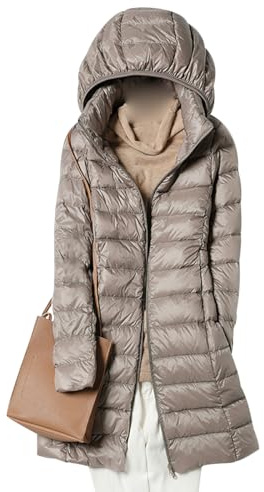 Leichte Steppjacke Damen Lang Lange Daunenjacke Damen Leicht Ultraleichte Daunen Steppjacke Daunenmantel Puffer Jacket Damen mit Kapuze Leicht Down Jacket Women Dünne Daunenjacke Damen Khaki M