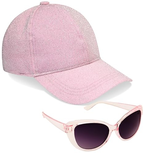 CityComfort Baseball Cap Mädchen, 2er-Set Verstellbarer Basecap & UV-Schutz Sonnenbrille Kinder - Geschenke für Mädchen (Rosa Glitzern)