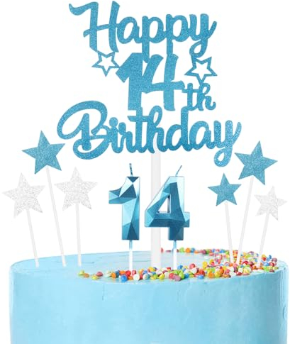 mciskin Happy 14th Birthday Candles Cake Toppers Set, Blue Number 14 Candle, Birthday Candles Cake Toppers for Girls Boys Birthday Decorations