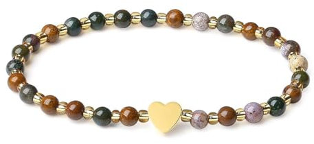 MetJakt Handgemachter Naturstein Perlenarmband 4MM Mini Stretch Armband Energiearmbänder 18k vergoldet Herz Armbänder für Damen Damenschmuck Echtes (Heliotrop)