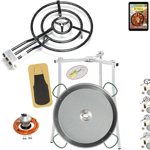 COMBOI Paellero Gas Butano 70 CM, Paellera 90 CM, Kit Quemador, Regulador de gas, Manguera, Patas Trípode, Nivel, delantal, Libro de Recetas digital (KIT 700 + Patas Trípode)