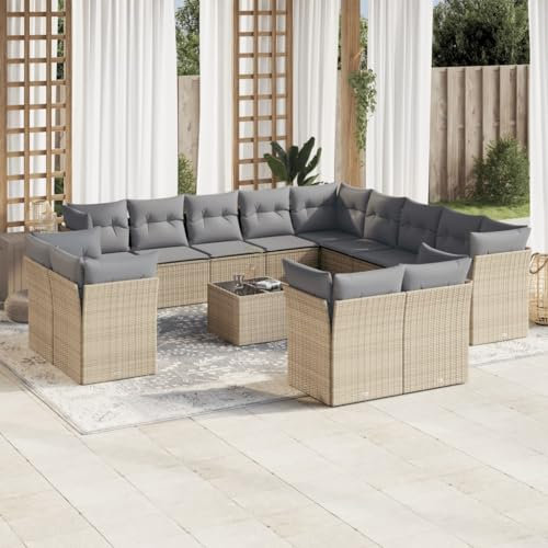 ULUYYUC 14-TLG. Garten-Sofagarnitur, Schlafsofa Bodensofa Eckbankgruppe Gartenbank Geeignet für Hinterhof Garten Außenbereich Balkon mit Kissen Beige Poly Rattan