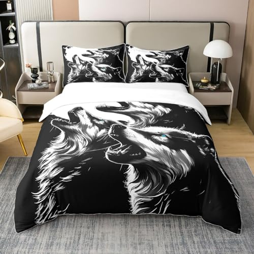Homewish Howling Wolf Natürliche Baumwolle Bettbezug 135x200 Animal | Print Tröster Bezug für Jungen Safari Wild Wolf Bettwäsche Set Weiche Rustikale Wildlife Bettwäsche Abdeckung