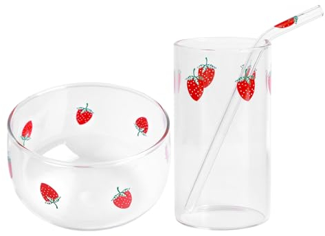 3-teiliges Erdbeer-Glas-Schüssel-Set mit Tasse, Strohhalmen - Süße schöne Schüssel für Salat, Obst, Nudeln, Frühstück, Eis, DIY - Glasbecher für Wasser, Saft, Milch, Kaffee, Tee - Geschenk