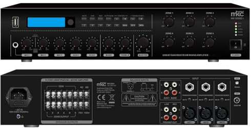 Amplificatore PA a 6 zone da 120W con ingressi USB, Bluetooth, FM-DAB+, 4 canali microfonici con ingresso XLR, uscita USB e connettività Bluetooth