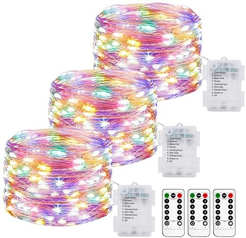3 Stück Lichterkette, batteriebetrieben, 10 m, 100 LEDs, batteriebetrieben, mit Fernbedienung, 8 Modi, Timer-Funktion, IP65, wasserdicht, Lichterdraht, Dekoration für Innen und Außen, Schlafzimmer