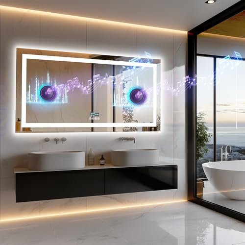 LUVODI LED Spiegel Groß 151x78 cm: Badspiegel mit Bluetooth Lautsprecher Badezimmerspiegel mit Beleuchtung Kaltweiß Neutralweiß Warmweiß Einstellbar, Spiegelheizung, 4 Touchschalter, Wandschalter