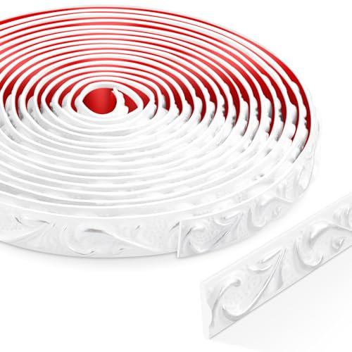 6 Meter Peel and Stick Zierleisten Selbstklebend, 3D Deckenleisten Styropor, Wandleisten Selbstklebend für Spiegelrahmen, Schranktüren, Türrahmen, Decken, Heimdekorationen(Weiß mit Silber)