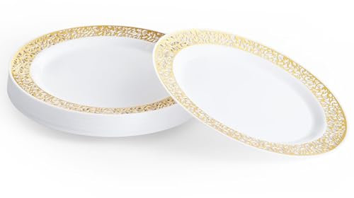 MATANA 40 Premium White Plastic Dessert Plates with Gold Rim, 19cm / 7 Inch - Elegant & Reusable Small Side Plates, Starter Plates for Weddings, Birthdays, Picnic, BBQ, Parties