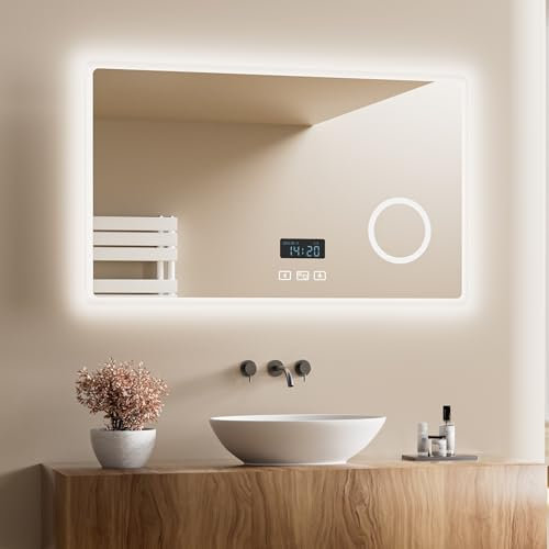 Heilmetz Bluetooth Badspiegel mit Beleuchtung 100x60cm, LED Badezimmerspiegel mit Licht, Uhr, 3 Lichtfarben Dimmbar, Antibeschlag, 3X Vergrößerung, Wandspiegel mit Beleuchtung, Energiesparend