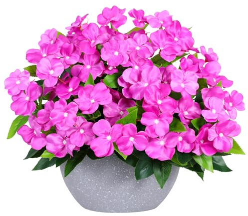 Hobyhoon Künstliche Impatiens,Künstliche Blumen Für Draußen Künstliche Balkonpflanzen,Geranien Künstlich Impatiens Blumen für Draußen,Künstliche Pflanzen Outdoor(4, Violett)