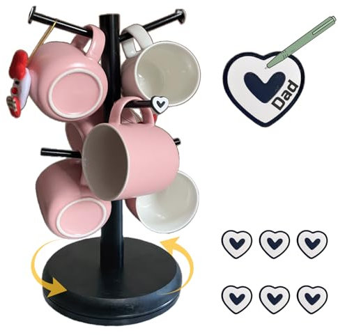 OMISHINE Mug Tree with Name Tags, Upgraded 360° Rotating Mug Holders for Kitchen- Mug Storage with Thicker Base, Mug Stand for Counter Top, Black Mug Tree 6 Mugs, Cup Holder for Coffee Accessories
