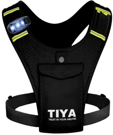 TIYA Running Vest Phone Holder with Light | Waterproof | Touchscreen Compatible | No-Bounce | Reflective | Ultra-Lightweight | Running Accessory for Men & Women | Black/Yellow
