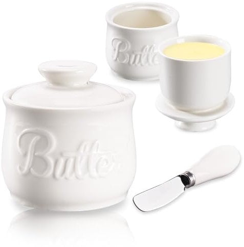 Mantequera Francesa, Mantequillera de Cerámica con Tapa y Espátula, Contenedor de Mantequilla Porcelana, Recipiente de Mantequilla para Mantequilla Fresca y Untable, Diseño Vintage (B)