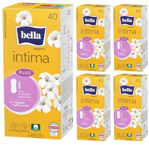 bella Panty intima Plus long Slipeinlagen 5 x 40 Stück | aus 100% organischer Baumwolle | atmungsaktive, sehr saugfähige und parfümfreie Slipeinlage Damen