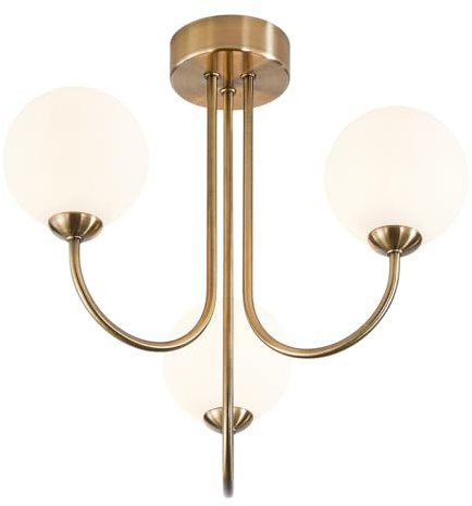 Happy Homewares Modern Designer Antique Brass Ceiling Light with Opal White Globe Glass Shades | 33cm x 35cm | 3 x 5w G9 LED | Looping Metal Arms