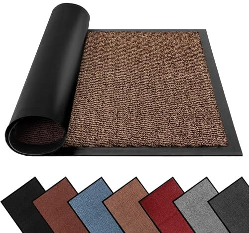 FB FunkyBuys Washable Dirt Trapper Door Mats Indoor & Outdoor, Heavy Duty Non Slip Doormats, Rubber Backed Floor Mat, Super Absorbent Front Door Mat, Entrance Rug (Brown-waved, 50cm x 80cm)