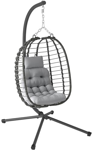 Outsunny Poltrona Sospesa a Uovo in Rattan con Gancio, Cuscini Imbottito e Poggiatesta, Sedia a Dondolo da Giardino Pieghevole, Base a X in Acciaio, per Interni ed Esterni, Grigio Chiaro