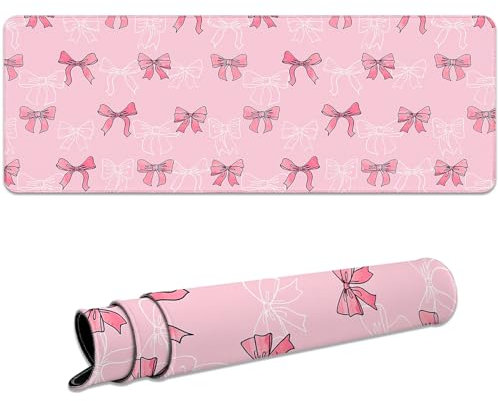 Ksriylm Gaming Mauspad,Niedlich Bowknot Groß Mousepad XL 800 x 300mm,Rutschfestes Schreibtischmatte mit Gummibasis,Genähte Kanten Laptop Schreibtischunterlage,für Büro und Zuhause,Rosa Schleife